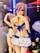 A colorful anime figure is posed with hands near the face, wearing a blue and white sailor-themed outfit. A price tag displays '£28.00'. There are other anime figures in the background, positioned on shelves with various lighting effects.