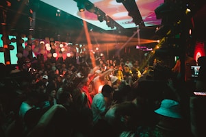 a group of people are dancing at a party