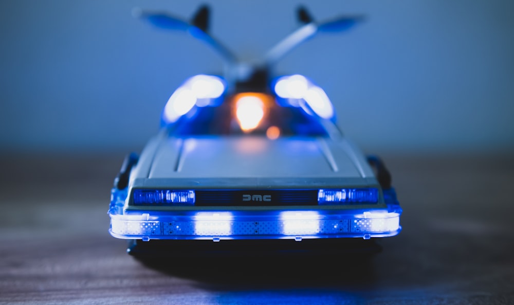 a close up of a police car with its lights on