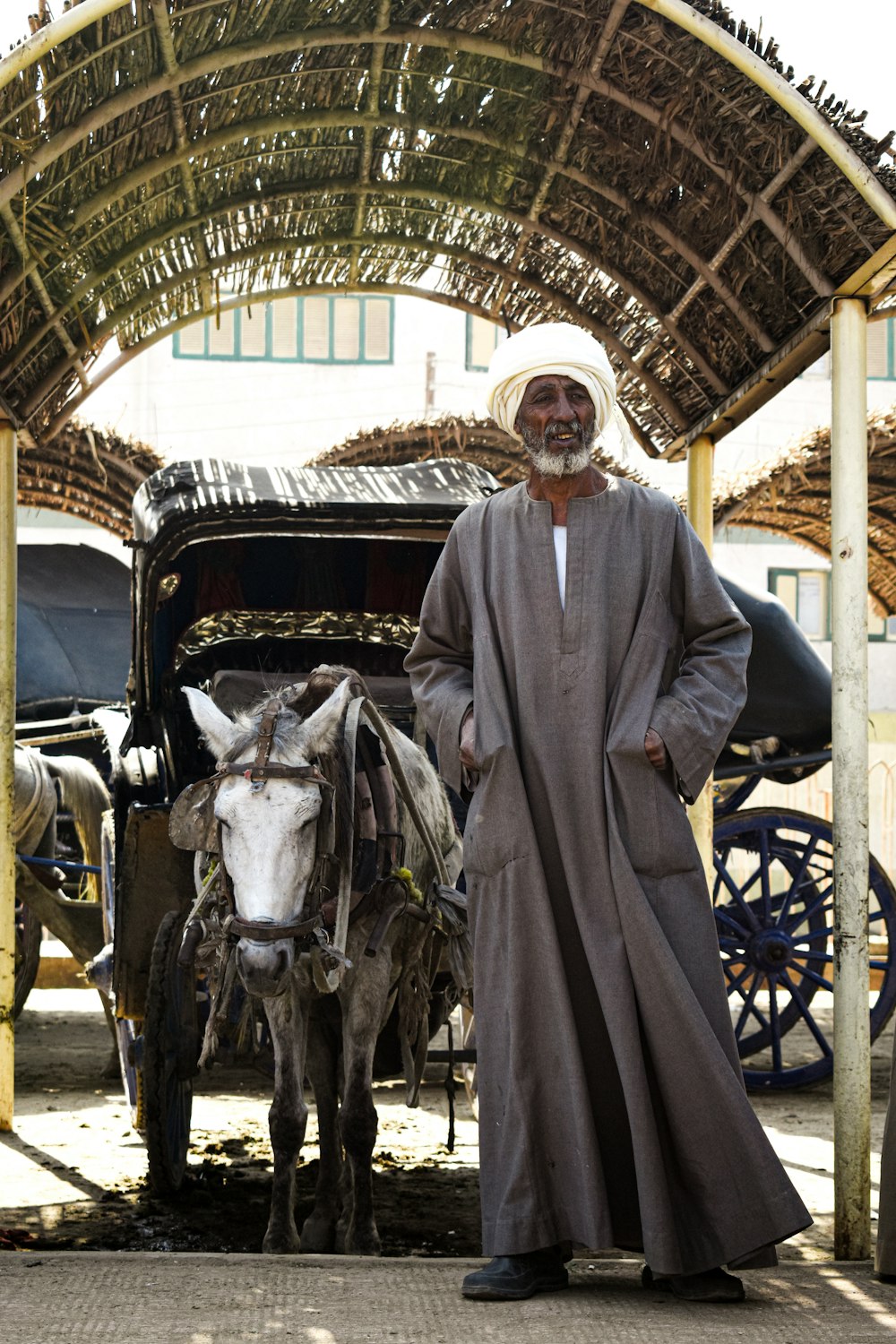 a man standing next to a horse and carriage