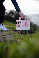 A person is holding a pink and white portable device with multiple dials and speakers, placed on a grassy and rocky outdoor ground near a body of water. The person is wearing white shoes and a blue jacket.