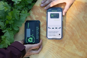 Two hands are holding objects next to some green plants. One hand holds a black and green electronic device with the brand 'Newpowa' displayed. The other hand holds a smartphone showing a product page for a 'Newpowa' 12V/24V PWM Solar Charge Controller, including product ratings and details.