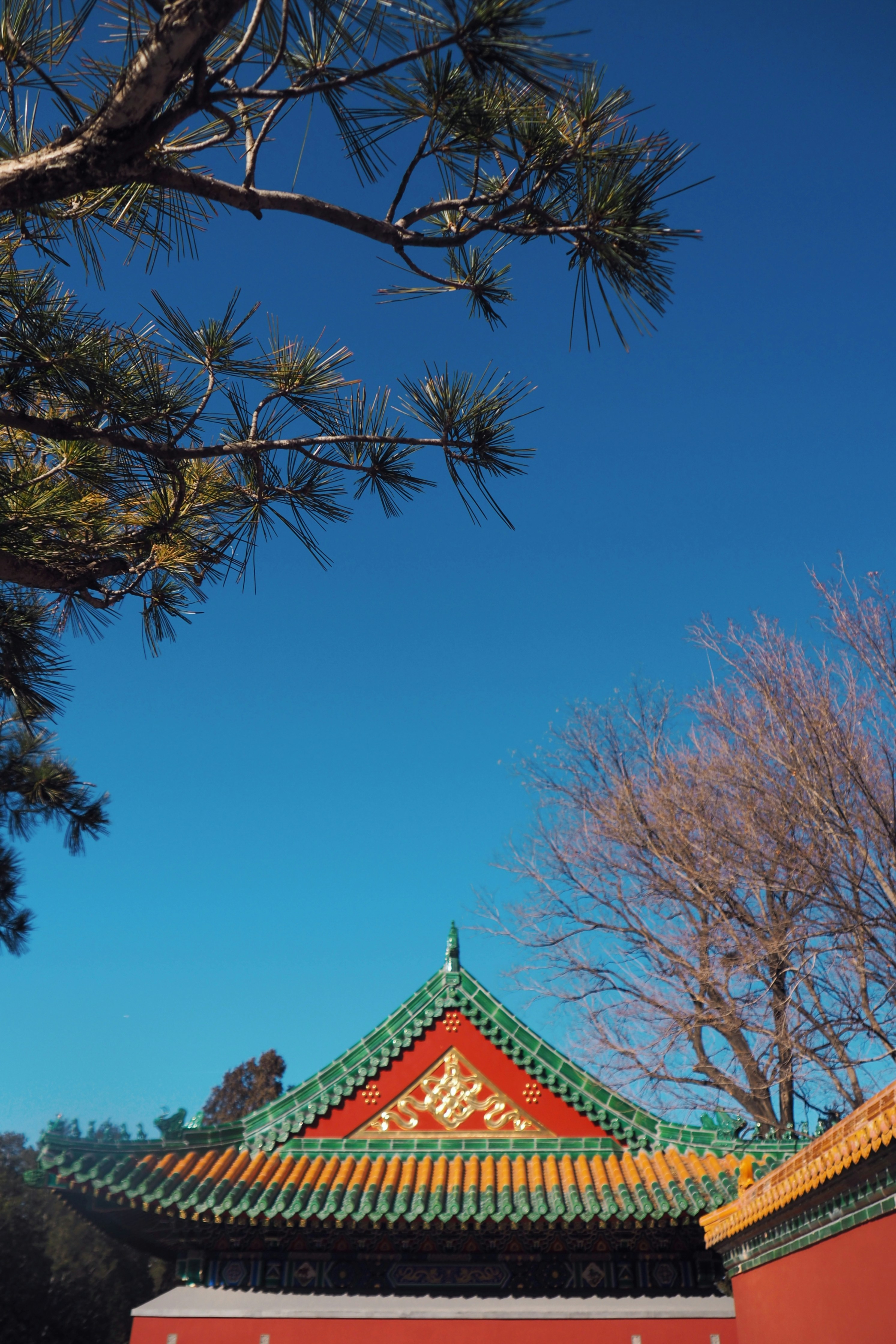 a red building with a green roof under a blue sky