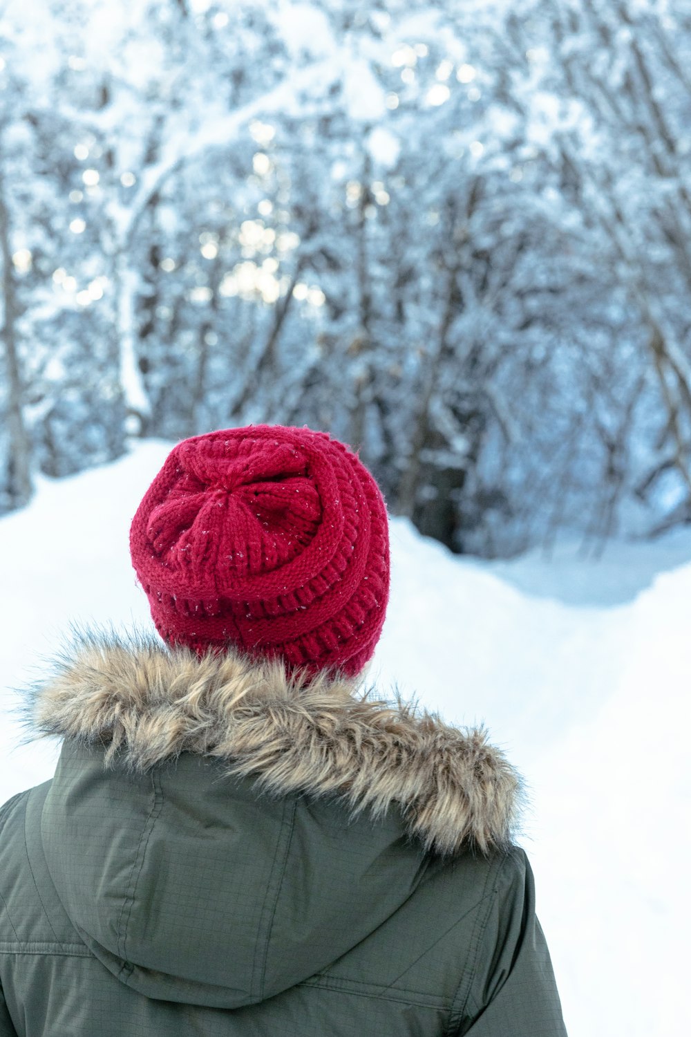 a person standing in the snow wearing a red hat