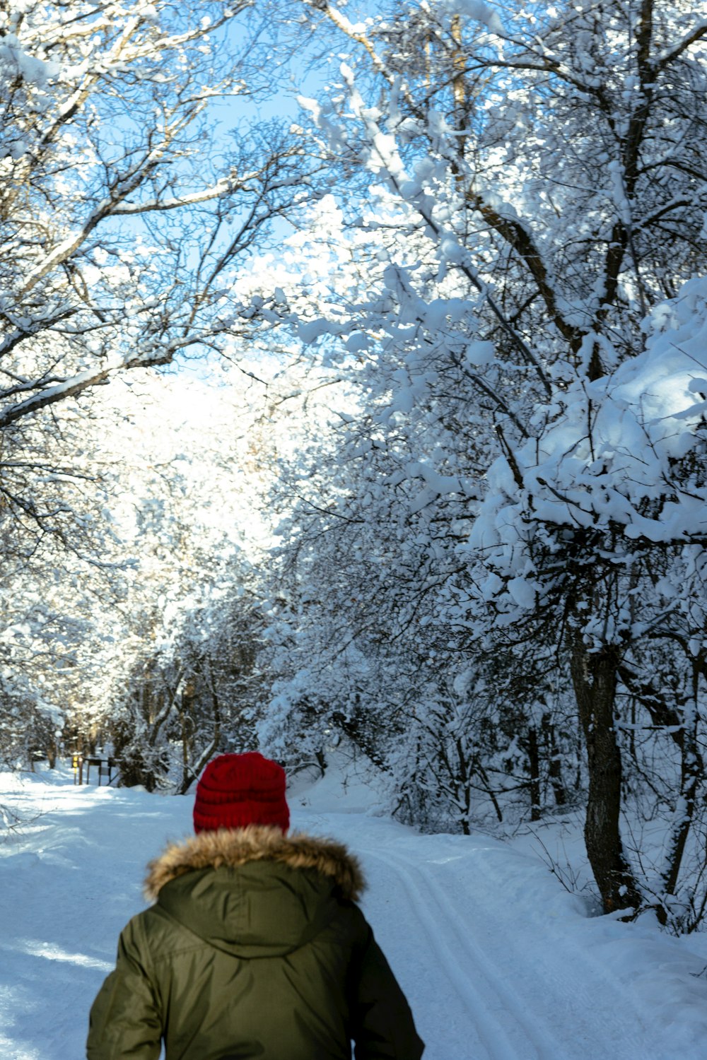 a person walking down a snow covered road