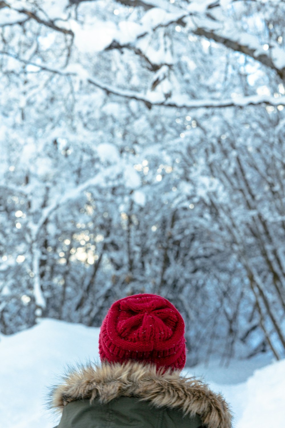 a person wearing a red hat standing in the snow