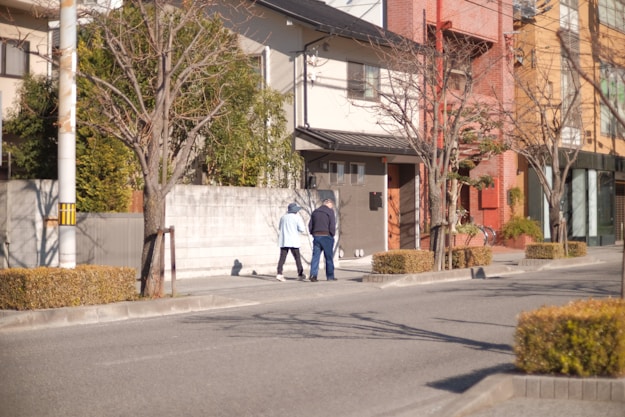 A couple of elderly people walking on a quiet residential street lined with houses and leafless trees. One of them is wearing a light blue coat and the other a dark one. The surroundings include well-maintained hedges, a light pole, and a concrete sidewalk. The background features slightly modern houses with varied facades, including beige, brick red, and orange colors.