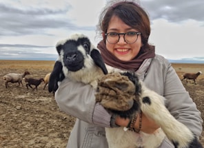 A friendly farm caretaker holding a sheep with a warm smile in a sunny pen