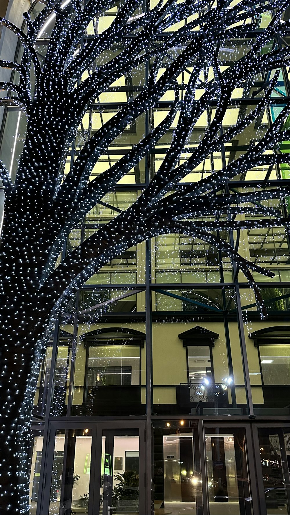 a large building with a very tall tree in front of it