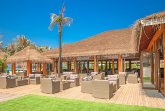 A tropical outdoor seating area featuring wicker furniture with cushions is arranged on a wooden deck. The structure has a thatched roof, supported by wooden beams, and is surrounded by lush palm trees under a vibrant blue sky.