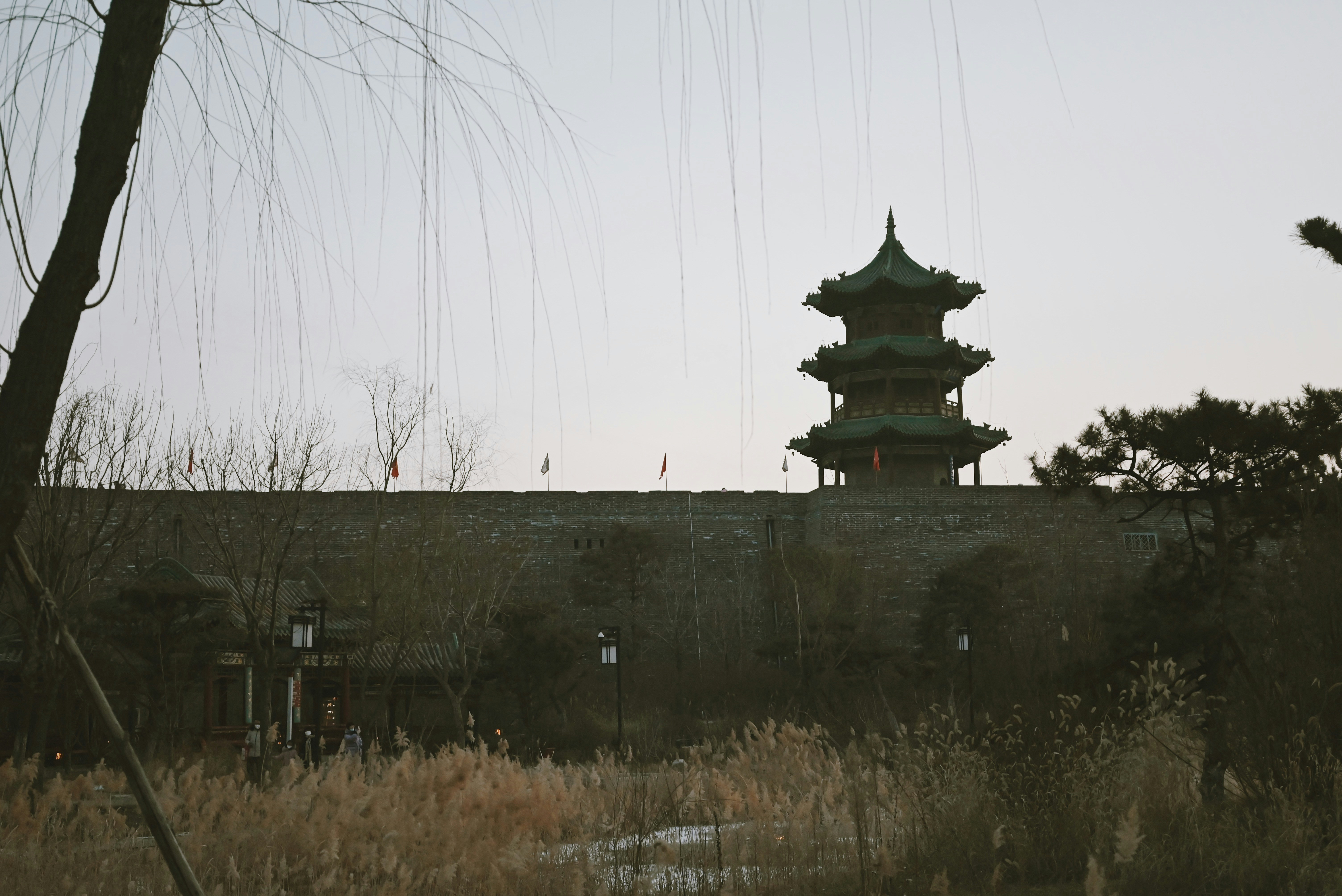 a tall building sitting on top of a lush green field