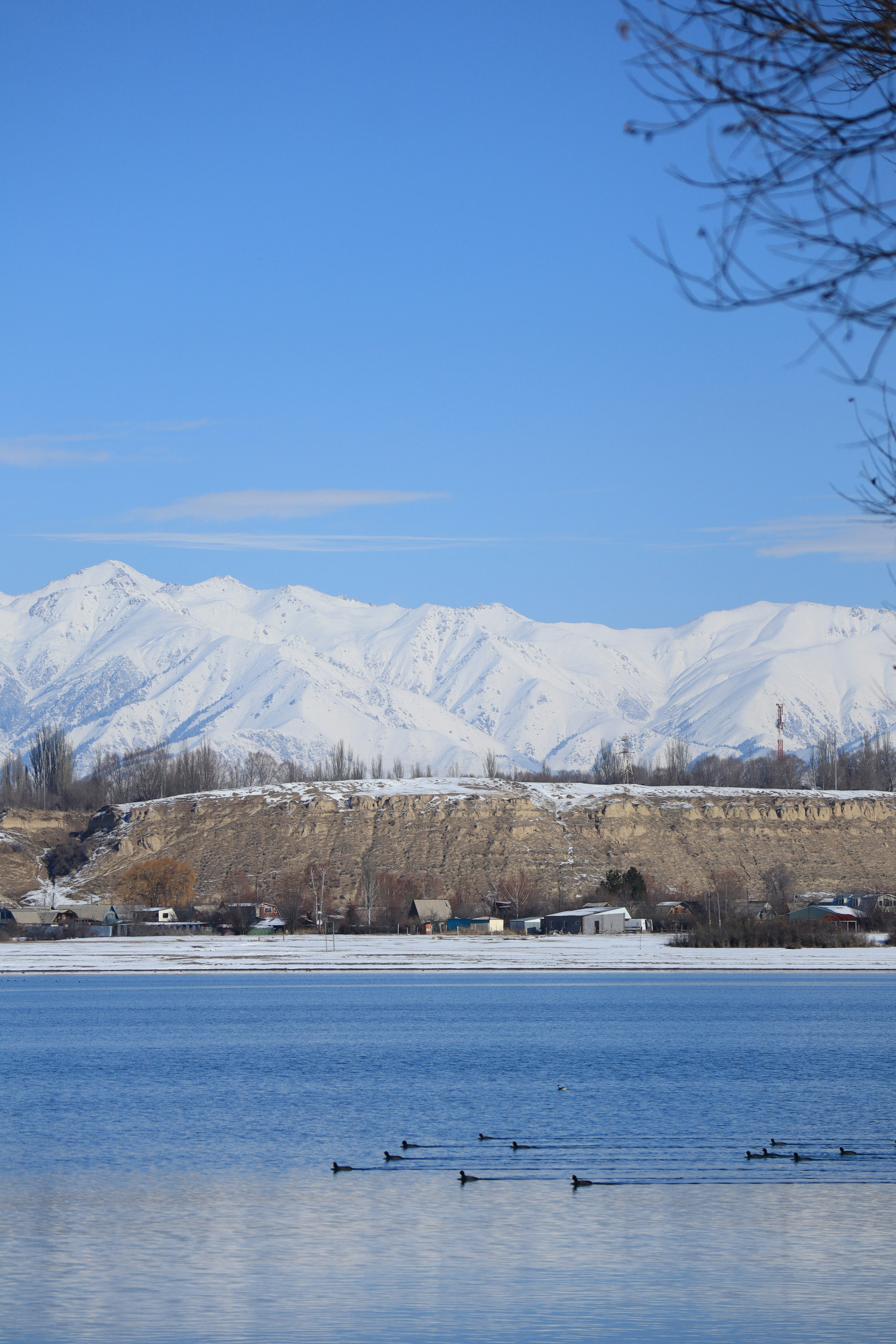 a large body of water with mountains in the background