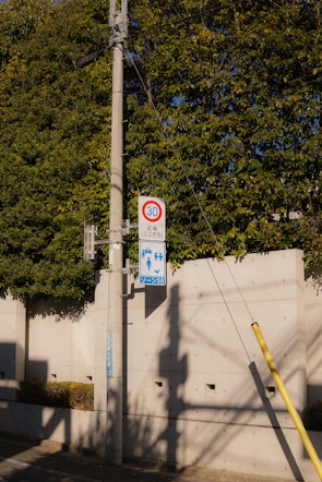A concrete utility pole stands by a sidewalk bordered with a low concrete wall and greenery. Two signs are attached to the pole: one indicates a speed limit of 30, and the other appears to be a pedestrian zone sign. Shadows from overhead wires and the pole itself stretch across the sidewalk.