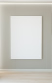 A minimalist interior featuring a large blank white canvas on a wall with vertical grooves. The floor is wooden, and there's soft lighting from above.