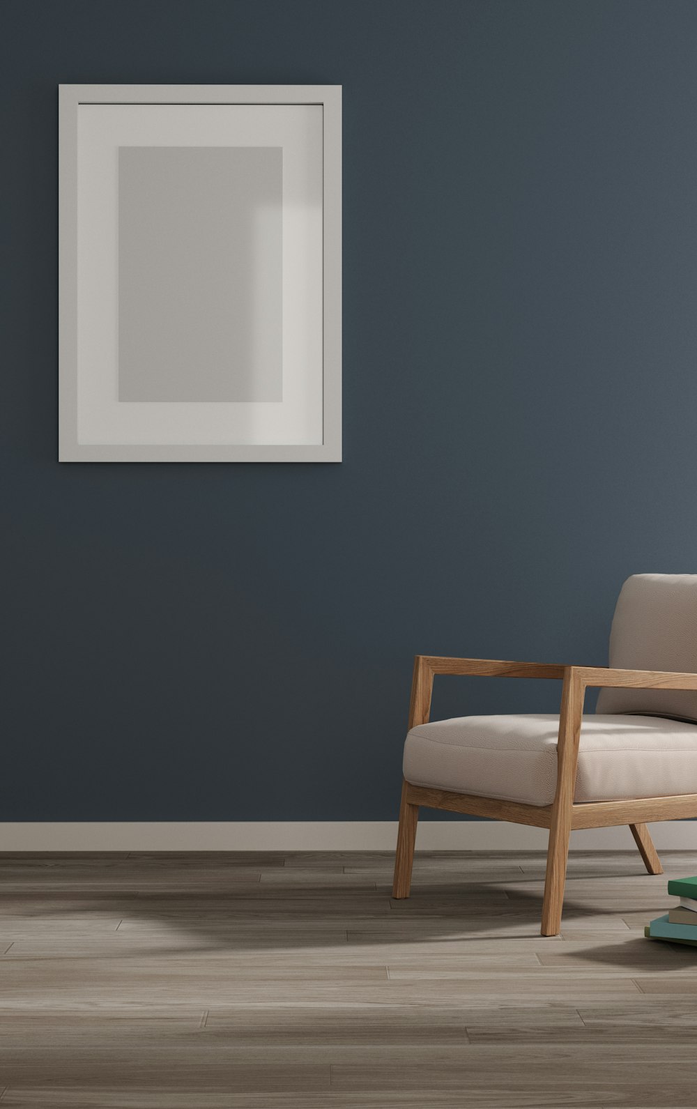 a chair in a room with a blue wall