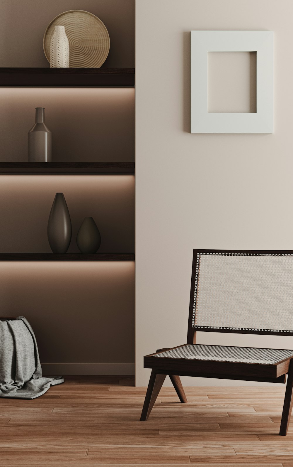 a chair sitting in front of a book shelf