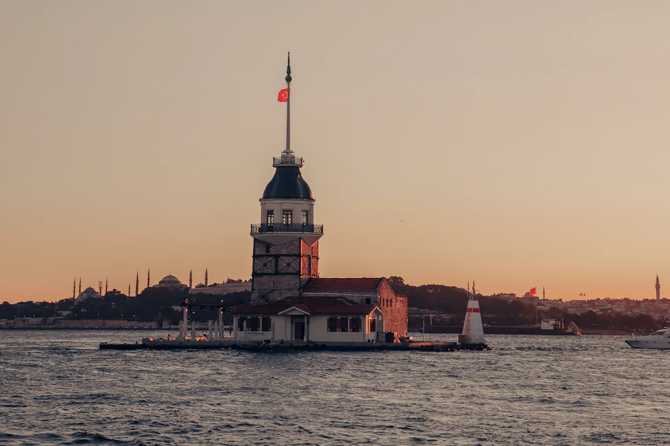 Sultan Ahmed Mosque stands majestically on the right side of the Bosphorus strait scene