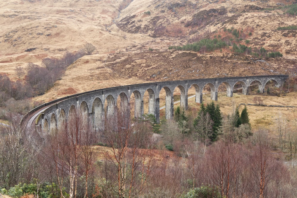 a train traveling over a bridge in the mountains