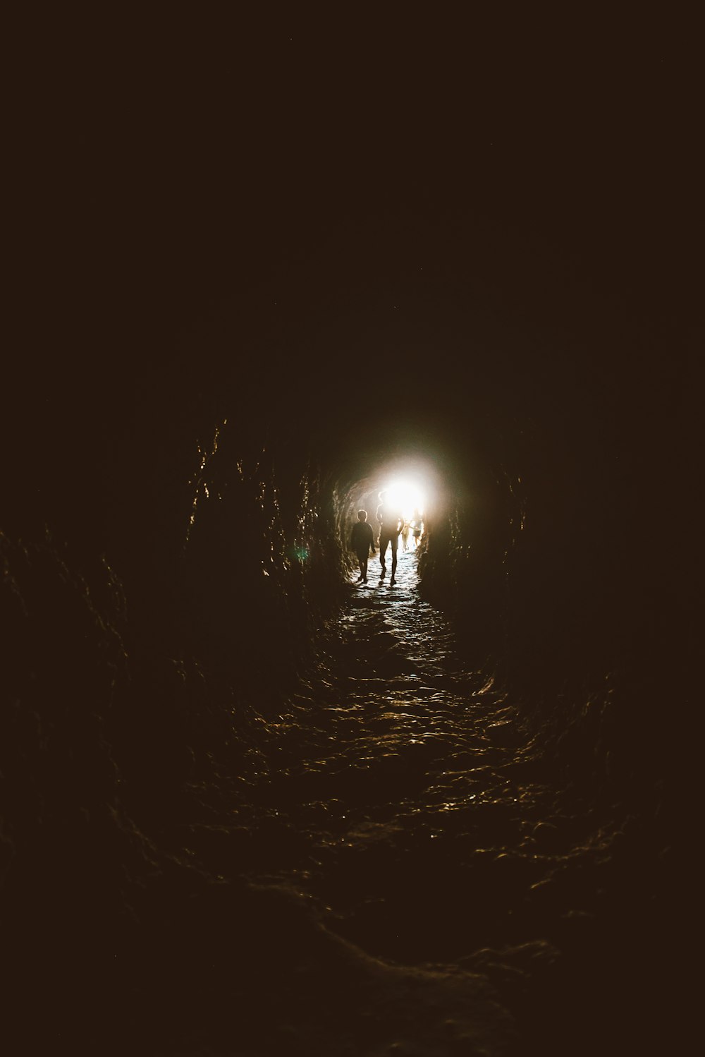 a group of people walking into a dark tunnel
