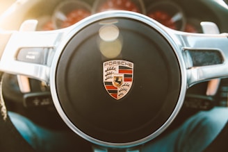 Close-up of a Porsche steering wheel, prominently featuring the Porsche logo in the center. The surrounding area includes chrome accents and visible instrumentation in the background.