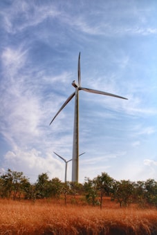 Two large wind turbines stand majestically against a partly cloudy blue sky. They are situated in an open field covered with dry grass and scattered trees, creating a contrast between the clean energy technology and the natural landscape.