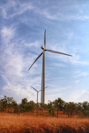 Two large wind turbines stand majestically against a partly cloudy blue sky. They are situated in an open field covered with dry grass and scattered trees, creating a contrast between the clean energy technology and the natural landscape.