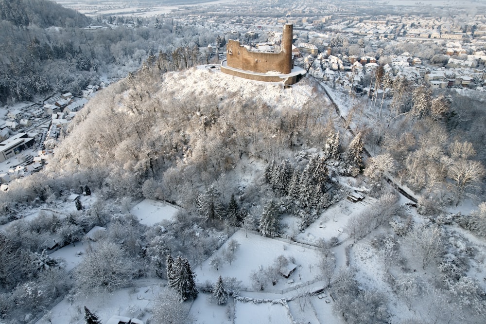 a castle sits on top of a snowy hill