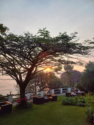Sunset view over the lush Advik farmhouse gardens with cozy seating.