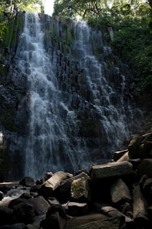 a very tall waterfall in the middle of a forest