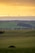 A serene landscape featuring rolling green fields descending towards a coastal area. In the background, wind turbines are visible on the horizon, standing against a golden sky at sunset or sunrise. The scene captures a mix of natural landscapes and modern renewable energy technology.
