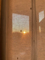 Sunlight filtering through linen curtains in a sandy-toned coastal living room.