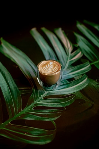 A beautifully crafted cup of coffee sits atop a large, vibrant green tropical leaf. The coffee features a delicate latte art design on its surface, showcasing intricate patterns. The background is dark, contrasting with the vivid green of the leaf and the creamy brown of the coffee.