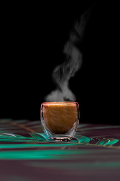 Elegant dark-themed photo of a steaming cup of coffee on a black surface with warm cream and subtle gold accents in the background.