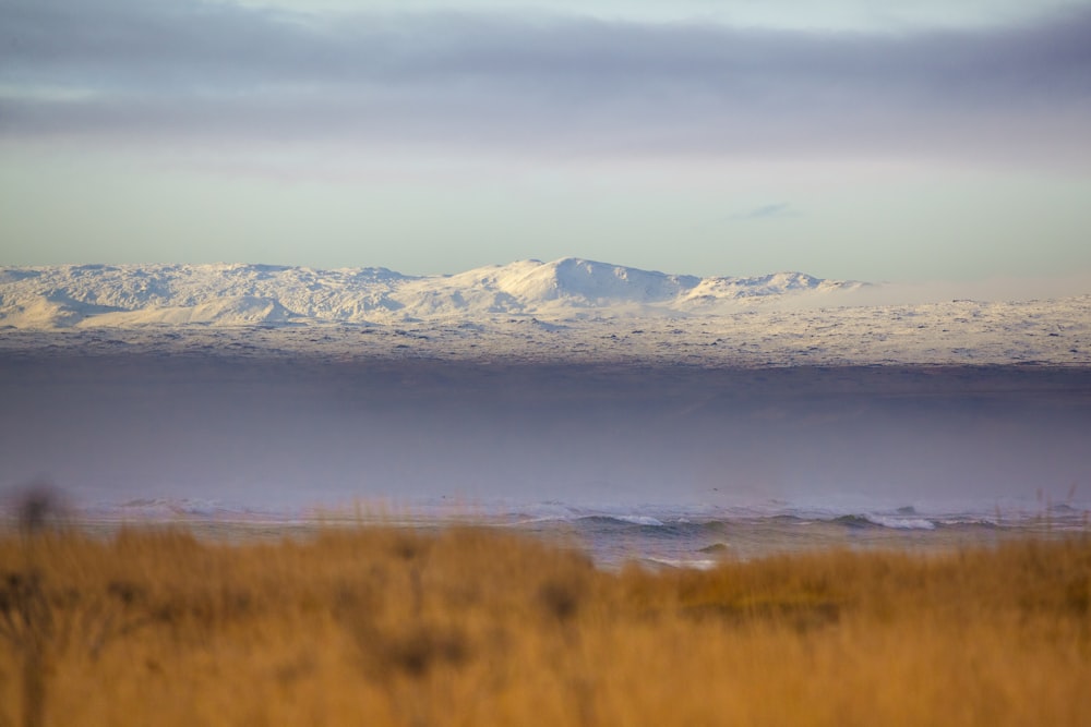 a view of a snowy mountain range in the distance