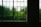 Large windows with grid-like frames create a pattern of frosted glass squares, with one clear pane revealing lush green foliage outside.