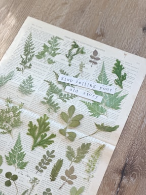 A collection of pressed green leaves is arranged on an old newspaper page. On top of the leaves, a message is displayed with cut-out letters that reads 'stop telling your old story'. The background is a wooden table.