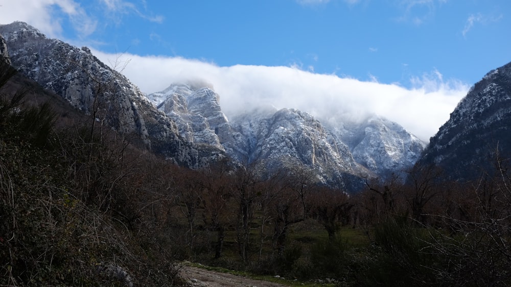 a dirt road in front of a snow covered mountain