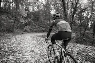 An action shot of a cyclist racing down a forest trail surrounded by autumn leaves.