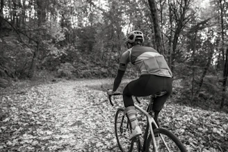 A cyclist riding a gravel bike on a sunlit forest trail with autumn leaves.