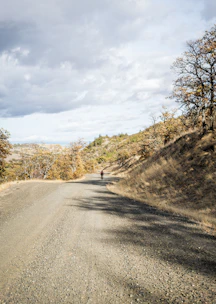 Gravel bike crossing a peaceful dirt road with rolling hills and vineyards.