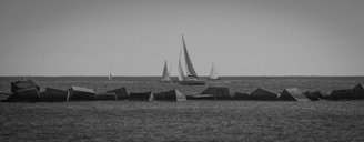 Sailboats are gliding across a vast expanse of water with geometric rocks or breakwaters in the foreground creating a textured barrier. The scene is portrayed in grayscale, emphasizing the contrasting shapes and shadows.