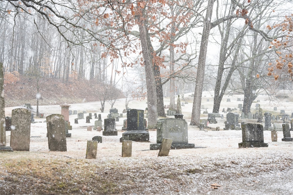 a cemetery in the snow with lots of tombstones