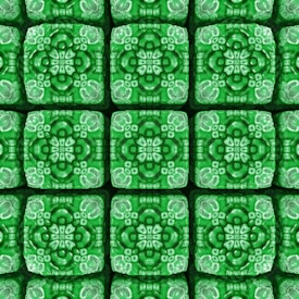 A series of intricate, symmetrical patterns resembling mandalas, each featuring a floral design. The patterns are organized in a grid formation and contain detailed motifs with various shades of green.