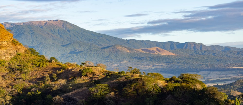 a view of a mountain range with trees and mountains in the background