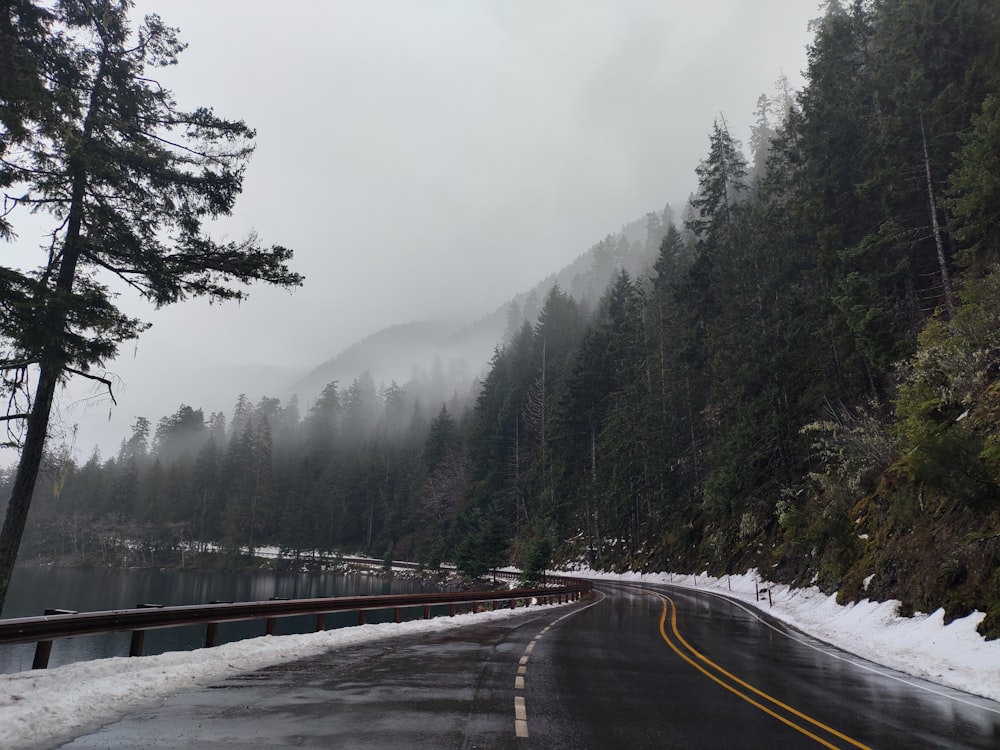 a road with snow on the ground next to a forest