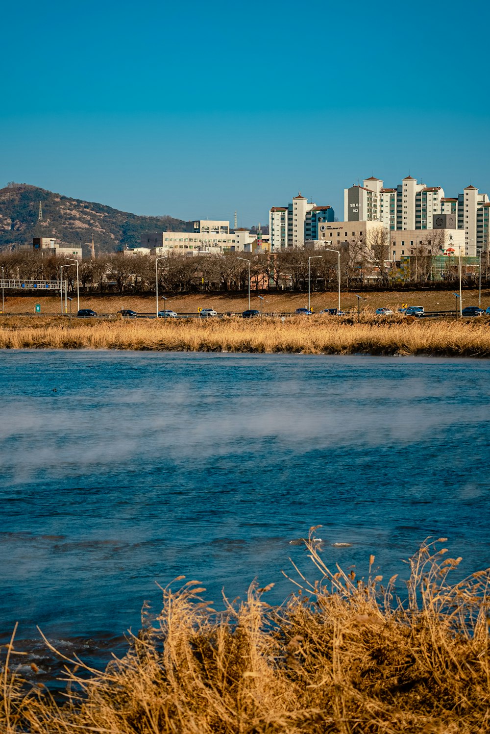 a body of water with a city in the background