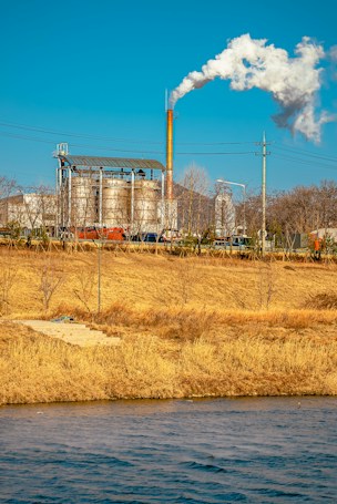 An industrial facility with large metal structures and a tall smokestack emitting white smoke into the clear blue sky. In the foreground, a grassy field with dry, golden-brown vegetation and a body of water create a natural contrast to the industrial scene.