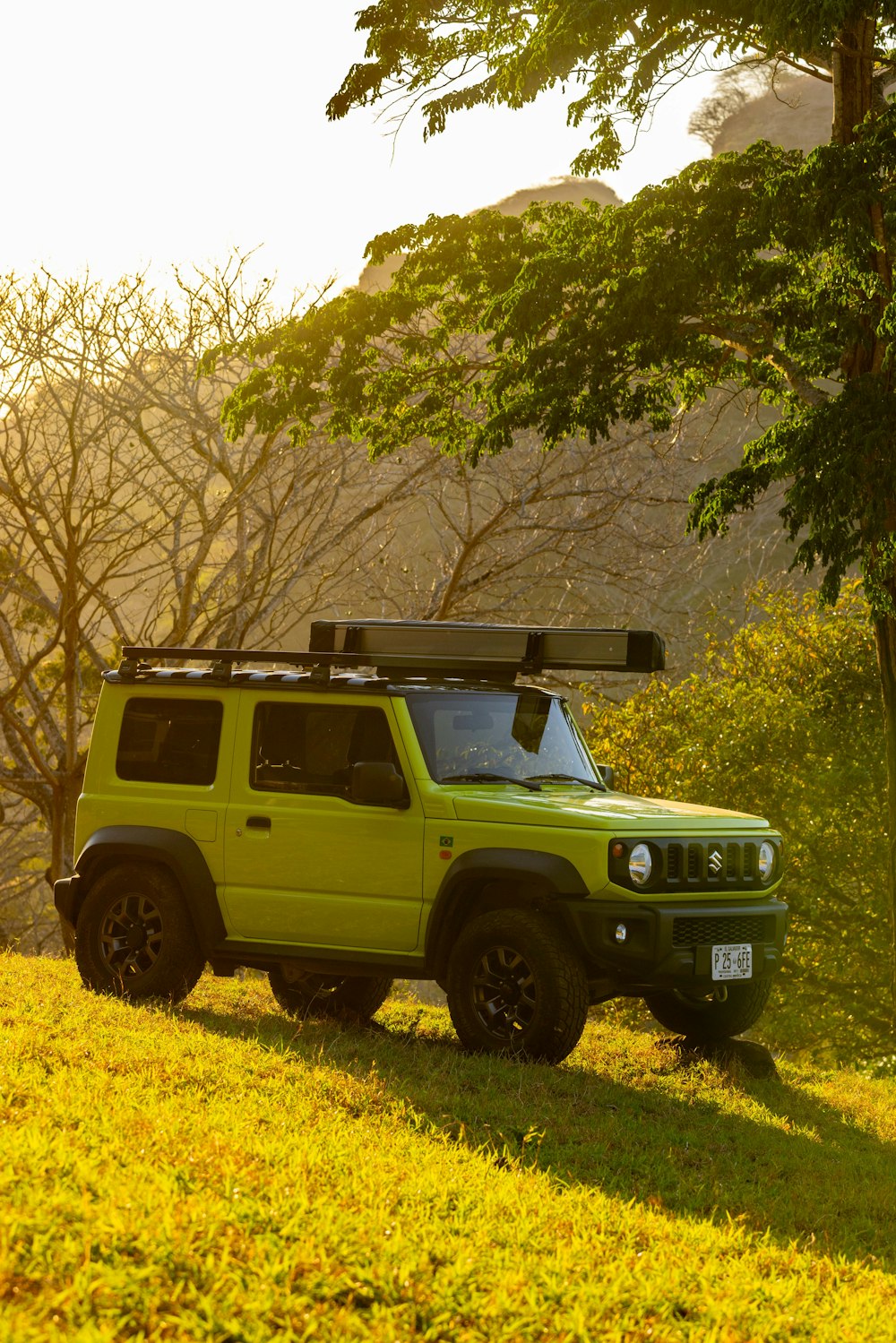 a green jeep parked in a grassy field