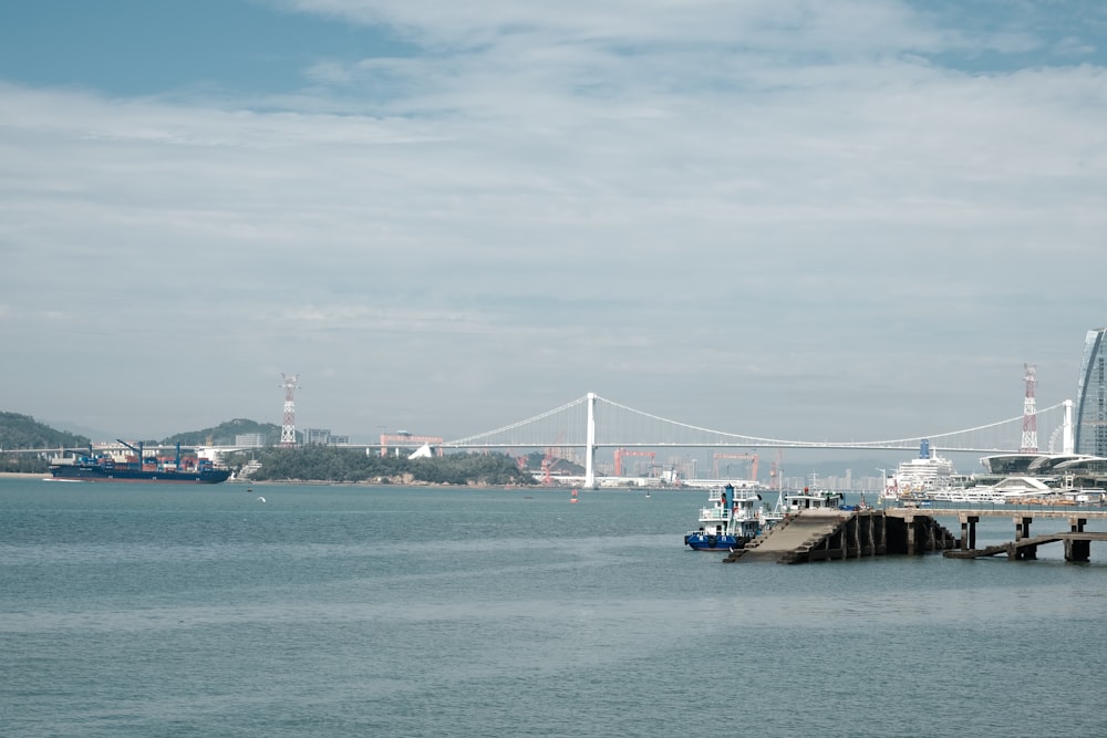 a large body of water with a bridge in the background