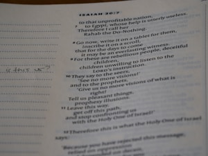 A page from a book, featuring text in blue and black print. In the top left, 'ISAIAH 30:7' is titled. The main body of the text appears to be a passage or scripture, with verses numbered, and lines of text that discuss themes of prophecy and societal critique. In the left margin, the handwritten note 'Is this us?' is visible.